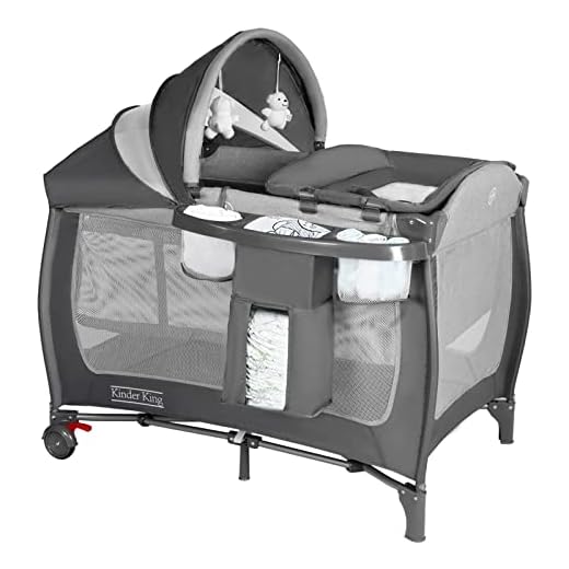Kinder King 4 in 1 Portable Pack n Play, Baby Nursery Center Playard w/Bassinet, Large Playpen for Infant and Toddler, Newborn Changing Table, Adjustable Canopy, Storage Basket, Travel Bag, Grey
