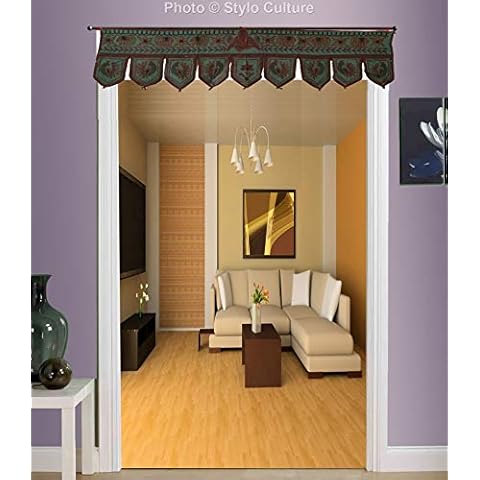 Stylo Culture Decorative Cotton Window Valance Dining Room Dark Green Indian Embroidered Scarf Curtain Topper Bedroom Traditional Swag Curtain Door Hanging Toran | 36 x 10 Inches Cover