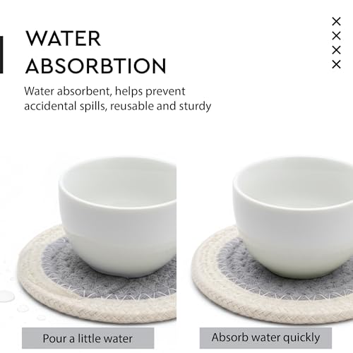 Image of Encasa XO Drink Coasters Set of 6 | Light Grey & Off White with Round (9 cm) | Handcrafted Ribbed Cotton | Absorbent & Heat-Resistant | Use for Tea, Coffee Table & Desk
