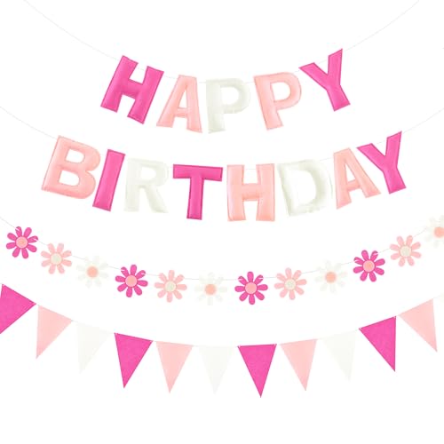 Image of CANREVEL Pre-Strung 3D Happy Birthday Banner, 3 PCS Happy Birthday Felt Garland, Pom Pom Garland, Triangle Fabric Garland Bunting, Reusable Birthday Decorations for Women Men Girls Boys, Pink Flower