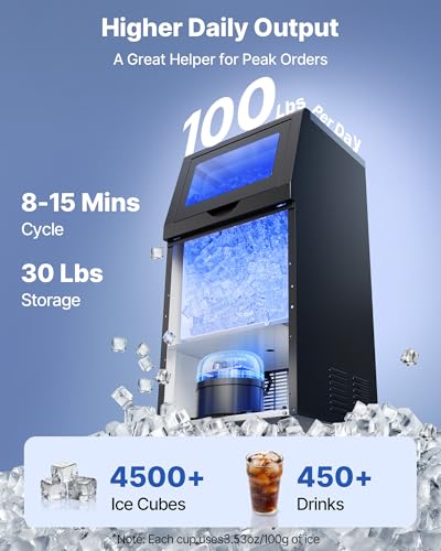 Image of VEVOR Commercial Ice Maker Machine with Pump, 100 lbs /24h with 30 lbs Storage Capacity, Built-in /Freestanding /Under Counter, Stainless Steel Ice Maker with LED Display & Self-Cleaning, for Home Bar