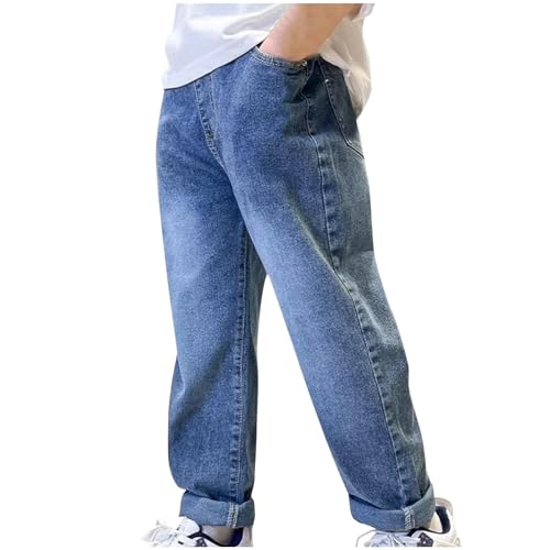 Calça jeans casual com cintura elástica para meninos, calça jeans folgada, calça jeans de perna larg