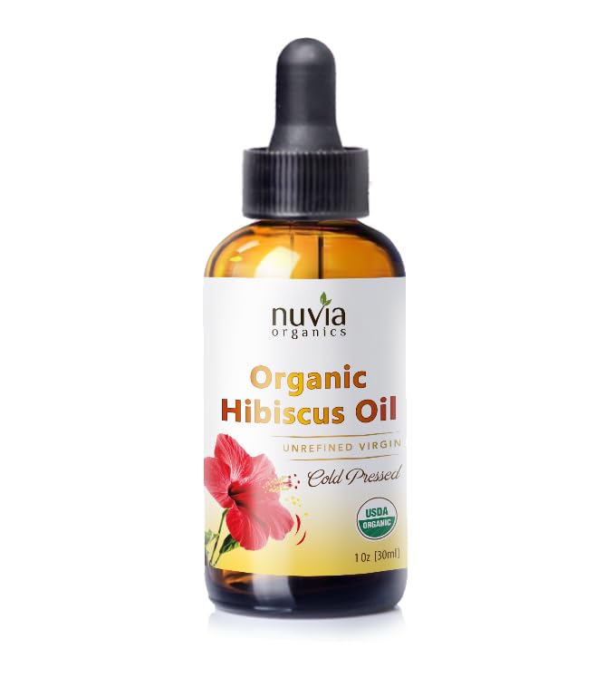 Nuvia Organics Hibiscus Oil, USDA Certified, Unrefined Virgin, Cold Pressed from Hibiscus Seeds, Use as a Moisturizer, Carrier Oil, DIY Products; 1ozUSDA Organic