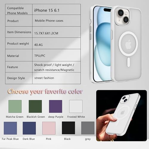 Image of Magnetic iPhone 15 case,Compatible with Magsafe, Military-Grade Protection,Slim Translucent Matte Shockproof with Anti-Scratch Anti-Fingerprint Phone Cover (Frosted White, iPhone 15)