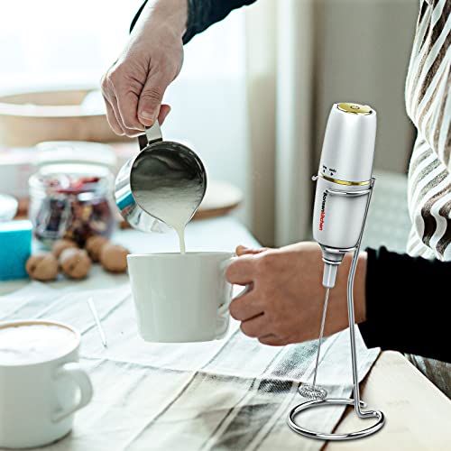 Image of Bonsenkitchen Electric Milk Frother Handheld, Portable Whisk Milk Foam Maker with Stainless Steel Stand, Battery Operated Drink Hand Mixer for Coffee, Matcha (Upgraded Silver)