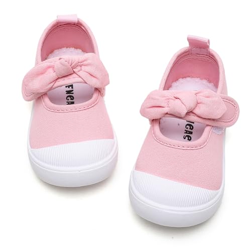 Toddler Girl's Canvas Sneakers Bowknot Mary Jane Flat Shoes for Kids School Uniform Shoes Dress Shoes…