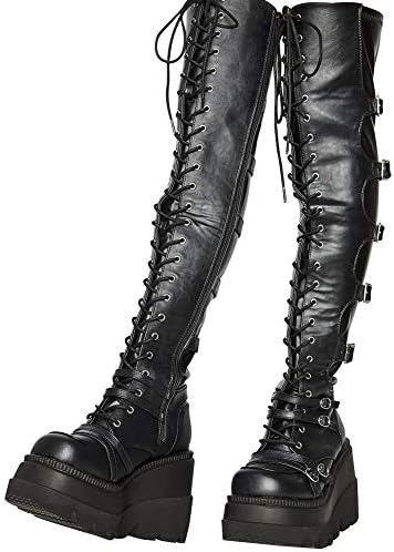 CELNEPHO Womens Wedge Platform Over The Knee Boots Chunky High Heel Side-Zip Lace-Up Motorcycle Riding Boots Combat Boots For Women