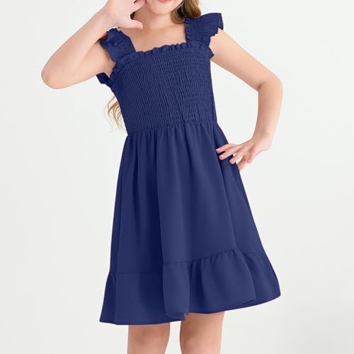 Girls' Summer Sleeveless Smocked Dress Square Neck Ruffle Hem Casual Sundress2
