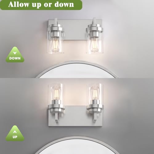 Image of Bathroom Vanity Fixtures, 2 Light Matte Nickel Vanity Light with Clear Glass Shade, 15in Farmhouse wall Light, Lighting Fixture Over Mirror for Bathroom