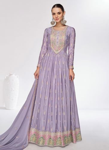 Image of Miss Ethnik Women's Purple Chinon Stitched Top with Dupatta Full Sleeve Embroidered Anarkali Gown (ME-1179)