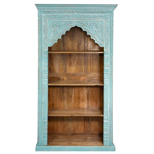 Regal Schrank Himal Indischer Schrank aus Mangoholz mit Schnitzerei Oriental Wohnzimmer Blau Türkis 190 cm