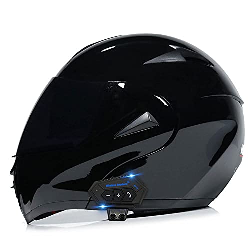 Motorcycle Modular Full Face Integrated Bluetooth Helmet Flip up Dual Visor Anti Fog Sun Shield DOT Approved Crash Men and Women Motorbike Helmets (Bright Black L)