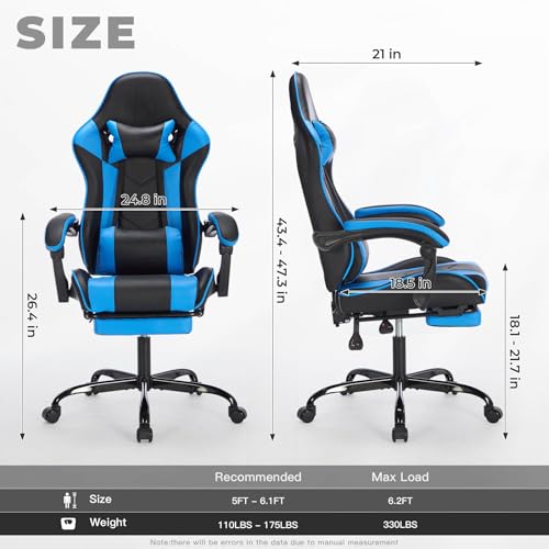 Image of Gaming Desk Chair for Adults, Ergonomic Gaming Chair (Black+Blue) | with Footrest Headrest and Lumbar Support, Leather Material Height Adjustable computer Video Game Chairs