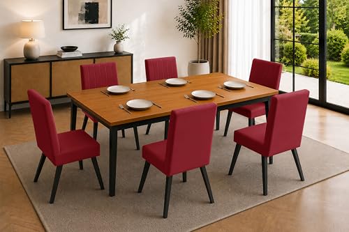 Image of Rosebell 6 Seater Dining Table Set with Cushioned Chairs | Modern Dining Table for Home, Dining Room & Kitchen | Black Metal Legs | Red