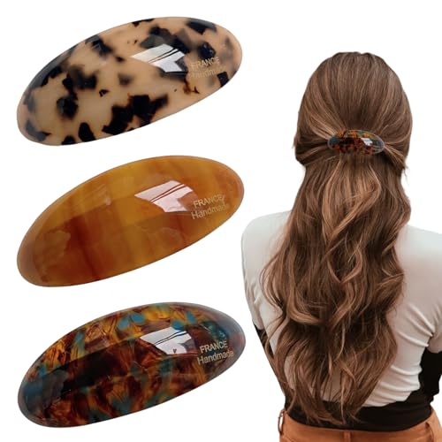 3 Stück Ovale Haarspangen aus Acetat, 8,8 × 3,5 cm Vintage-Haarspange, Große Französische Schildpatt-Haarspangen für Frauen Mädchen mit dickem Haar