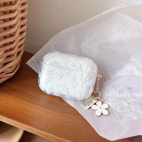 Image of MINSCOSE for with AirPods Pro 2 Clear Case,Cute Flower Floral Aesthetic Design with Flowers Keychain, Soft TPU Protective Shockproof Case for Women Girl for Airpod Pro 2-White