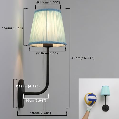 Image of Yosoan Pale Blue Lace Fabric Shade Wall Sconce Set of 2, Vintage Beige Boho Brass Retro Black Indoor Hardwired Vanity Vintage Wall Mounted Flared Fabric Shade for Bedroom Hallway Living Room