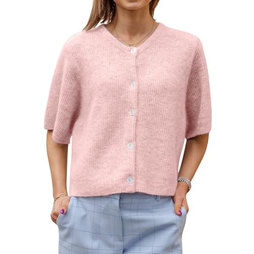 Image of Women Knit Crop Cardigan Y2k Short Sleeve Knitted Shirts Open Front Button Down Sweater Cute Fall Cardigans 2024