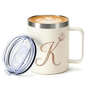 12oz Insulated Coffee Mug with Handle and Lid, Stainless Steel Spill Proof Travel Mugs, Personalized Monogrammed A-Z Floral Double Wall Tumbler for Home Office, Gifts for Women Mom Wife Her (K)