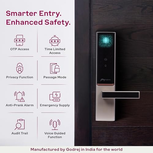 Image of Godrej Smart Lock | The Only 7 in 1 NFC Digital Lock with Scheduled Biometric Access | VDP Compatible | Wooden Door in Home & Offices | Vegas Gold | 3 Yrs Warranty | Made in India | Free Installation