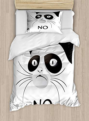 Ambesonne Animal Duvet Cover Set, Cat Face Portrait Says No Grumpy Social Character Kitty Domestic Image, Decorative 2 Piece Bedding Set with 1 Pillow Sham, Twin Size, White Black