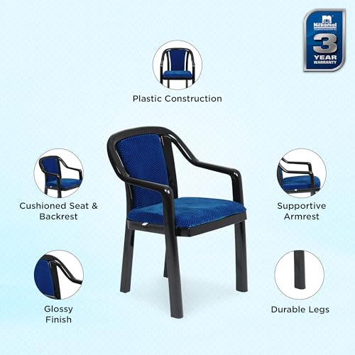 Image of Nilkamal Plastic Chair for Living Room with Arm & Cushion | 3 Year Warranty | for Home, Living Room, Outdoor | Iron Black & Blue Colour | Signature