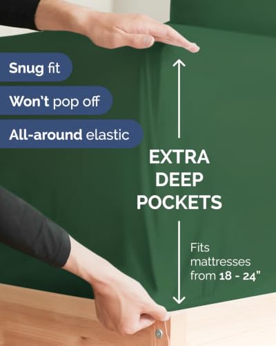 Image of Extra Deep Flex Top Split Head King Fitted Sheet - Hotel Luxury Single Fitted Sheet Only - Easily Fits 18 inch to 24 inch Mattress - Ultra Soft, Wrinkle Free w /Extra Deep Pockets - Emerald Green