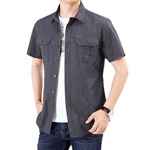 Camisa Militar con Múltiples Bolsillos para Exteriores para Hombre, Camisas De Trabajo Informales Sueltas De Manga Corta para Verano Gris 3XL