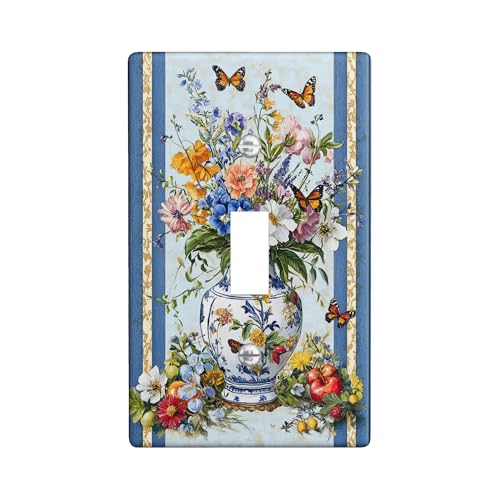 Cubierta de interruptor de luz floral de primavera, tapas de enchufe, jarrones de flores azules para decoración del hogar, placas de pared termoplásticas, tamaño estándar, palanca única