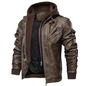 Generisch Lederjacke Herren Winter 5XL, Lederjacke Herren Echtleder Winter Vintage Mit Kapuze Und Taschen Fell Jacke Mode Retro Biker Slim Fit Männer Motorrad Casual Winterjacke Ledermantel 5XL
