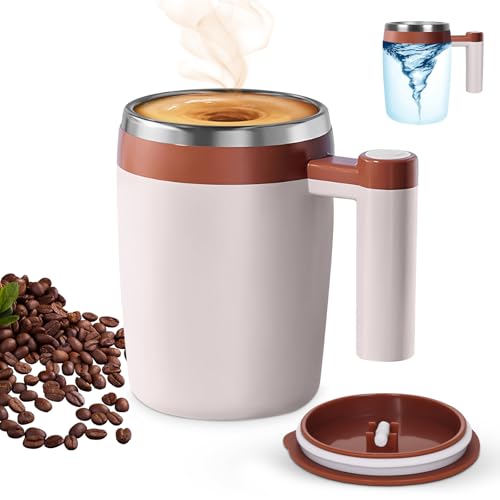 BECOMFY Self Stirring Coffee Mug, Automatic Magnetic Stirring Coffee Cup with Leak-Proof Lid Reusable Stainless Steel Mixing Mug for Travel, Office, Home - No Spoon Needed, Ideal Gift (Brown)