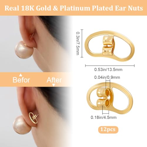 Beebeecraft 1 Box 12Pcs Earring Backs Replacement Real 18K Gold Plated Earrings Nuts Stoppers Butterfly Large Earring Support Lifter Backing Secure Ear Locking for Studs Droopy Ears Stretched Earlobes - Image 2