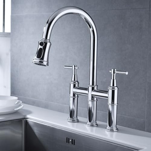 Robinet de cuisine Bridge pour évier central, douchette rétractable et double commande - 8
