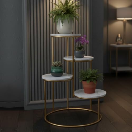 Image of Modern 4-Tier Plant Stand Indoor Metal & Wood | 60 cm Tall Multi-Level Flower Pot Stand | Heavy Duty Corner Plant Rack for Living Room, Balcony, Garden | Decorative Plant Holder for Indoor Use (White Gold)