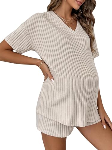 Image of MakeMeChic Women's Maternity 2 Piece Outfits Summer Short Sleeve Rib Knit Tee Top and Short Lounge Sets Clothes