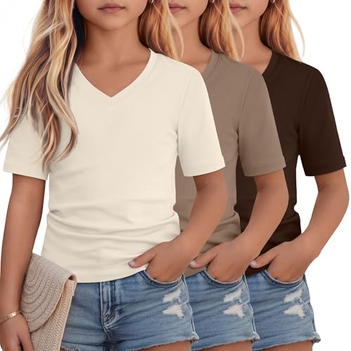 YooAurvox 3 Pack Girls V Neck Short Sleeve Tees, 3-Color, 5-6 Years