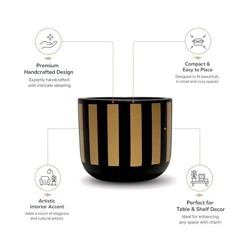 Image of Urban Plant Black Gold Stripe Handcrafted Terracotta Planter | Luxury Indoor Clay Pot for Living Room | Artisan Decorative Flower Pot | Modern Home Decor | Drainage Hole | 4.5 Inch