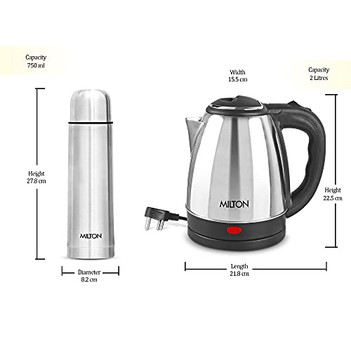Image of Milton Euroline Combo Set Go Electro Stainless Steel Electric Kettle, 1.8 Litres, Silver and Flip Lid Thermosteel Hot or Cold Stainless Steel Water Bottle with Jacket, 750 ml, Silver