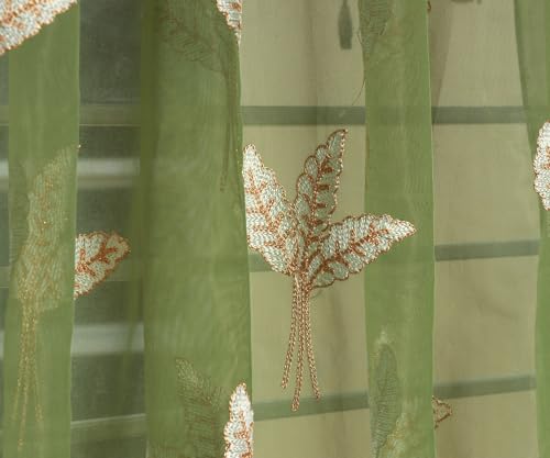 Image of Fabrilia Tissue Net Embroidery Sheer Transparent Curtains for Door 7 feet Long Set of 2, Green