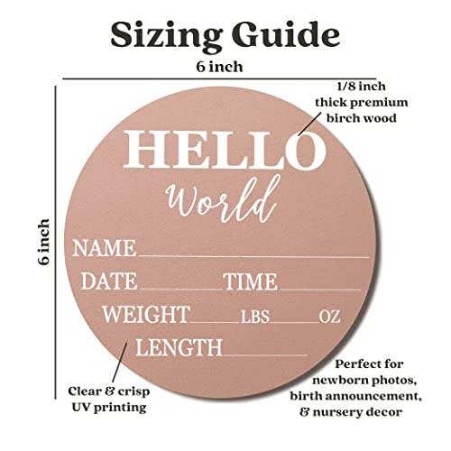 Image of Baby Announcement Sign for Newborn Boys and Girls (Color Bases) - Hello World Nursery Decor Sign & Photo Prop for Babies Made of Birch Wood - 6 inch Circle Board (Pink)