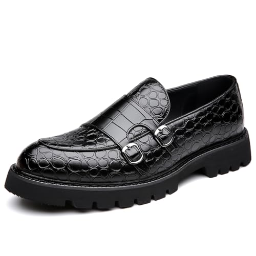 Men's Leather Printing Platform Loafers Fashion Buckle Lug Sole Slip On Casual Shoes for Business Work Evening Comfort Dress Shoes