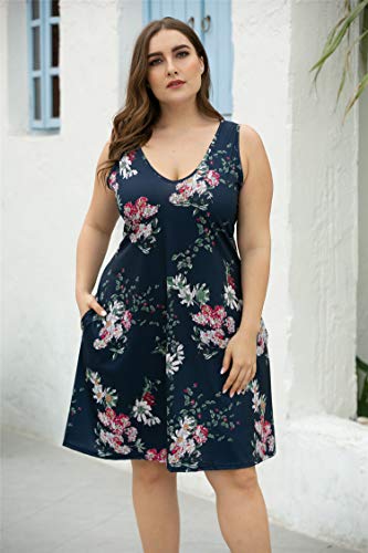 Image of Women Plus Size V Neck Sleeveless Floral Print Pocket T Shirt Dresses Casual Midi Tank Dress Beach Cover up Sundress (XL-5X)