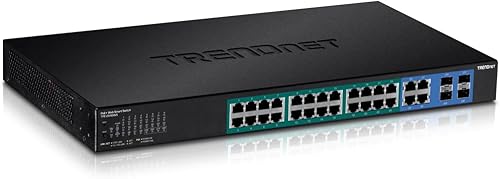 TRENDnet Conmutador PoE+ Gigabit Web de 28 puertos, 24 puertos Gigabit, 4 puertos Gigabit compartidos (RJ-45 o SFP), presupuesto PoE de 185 W,