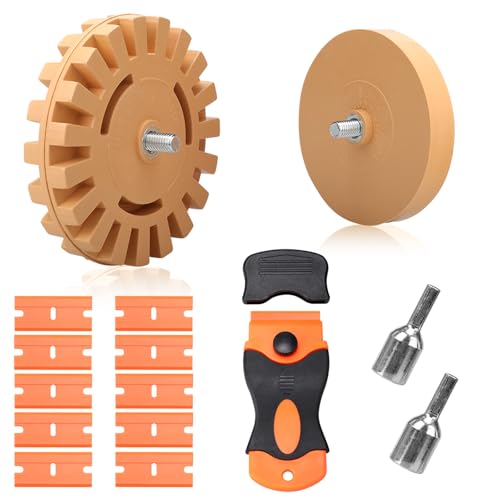 2 Stück Folienradierer Gummi Radierscheibe mit Adapter, zum Professionellen Entfernen ​von Folien und Kleberesten am Fahrzeug, Auto oder Motorrad, Klebstoffentfernungsklinge und 10 Kunststoffklinge