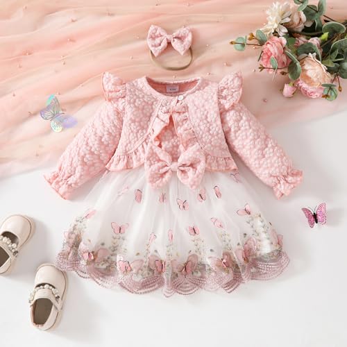 OBEEII Toddler Girl Floral Embroidered Tutu Dress Elegant 3D Butterfly Tulle Dress+Long Sleeve Cardigan Bolero Shrug+Headband2