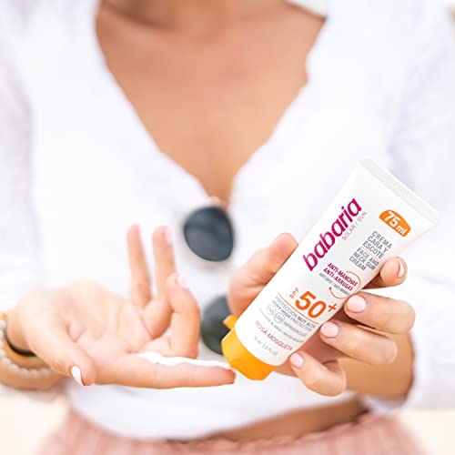 Babaria-Crema-Solar-Facial-SPF50-UVA-UVB-e-Infrarrojos-Antiarrugas-y-Antimanchas-para-Uso-Facial-y-Escote-Contiene-Rosa-Mosqueta-Resistente-al-Agua-Vegano-Unisex-75-ml