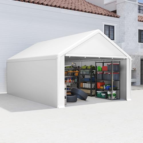 Aufun Carport Zeltgarage 4x6m, Wasserdichtes Lagerzelt mit PE-Dach, Reißenresistenter Garagenzelt mit abnehmbaren Seitenwänden, UV-beständig Winterfest Unterstand für Auto, SUV, LKW, Boot, Weiß