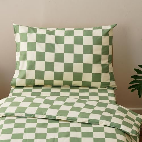Image of Wellboo Green White Plaid Toddler Bedding Sets for Girls Boys Sage and White Checkerboard Grid 4 Pieces Soft Crib Bed Set Including Comforter, Sheets and Pillowcase Kids Checkered Geometric Quilt