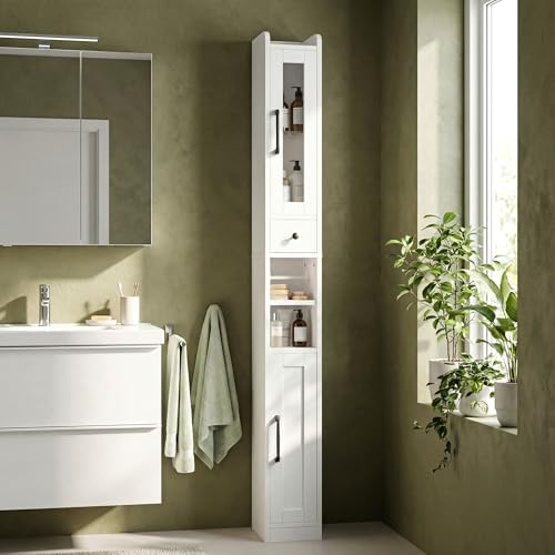 IRONCK Tall Bathroom Cabinet 180cm Slim Bathroom Storage Unit with Drawer Adjustable Shelves & Toilet Paper Holder Freestanding Slim Cupboard for Small Spaces White (20×20×180cm)