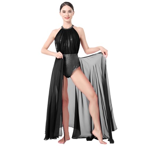 AFAVOM Women's Lyrical Dance Costume Shiny Metallic Lyrical Dance Dress Sleeveless Halter Ballet Leotard Bodysuit + Maxi Wrap Split Flowy Mesh Tulle Skirt 2PCS Contemporary Dance Costumes Black M